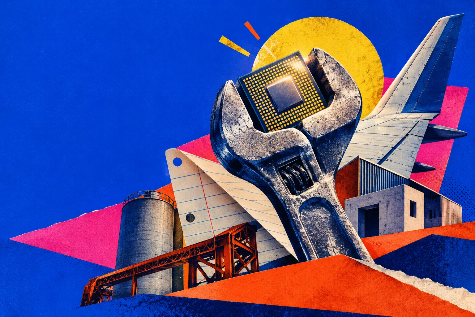 Collage conceptual de industria, conocimiento y vivienda